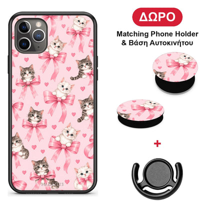 Kittens and Pink Bows on Pink - iPhone 11 Pro Max θήκη + Δώρο Phone Holder & Βάση Αυτοκινήτου