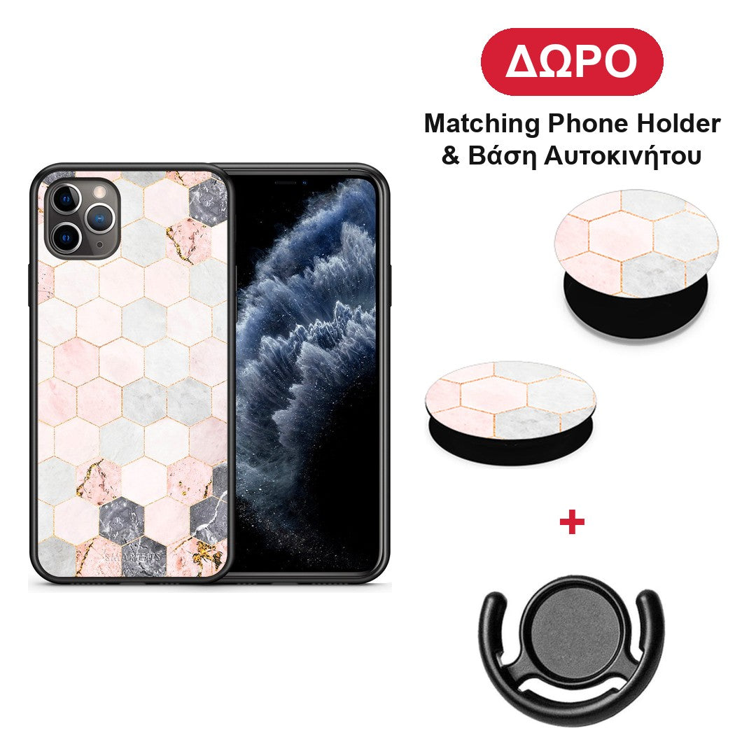 Marble Hexagon Pink - iPhone 11 Pro Max θήκη + Δώρο Phone Holder & Βάση Αυτοκινήτου