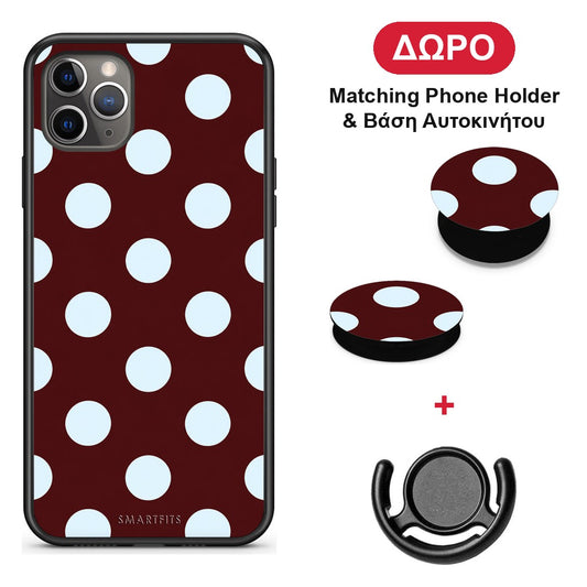 Pale Blue Large Polka Dots on Burgundy - iPhone 11 Pro Max θήκη + Δώρο Phone Holder & Βάση Αυτοκινήτου