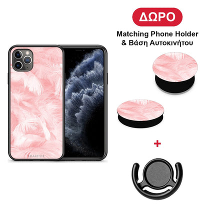 Boho Pink Feather - iPhone 11 Pro Max θήκη + Δώρο Phone Holder & Βάση Αυτοκινήτου
