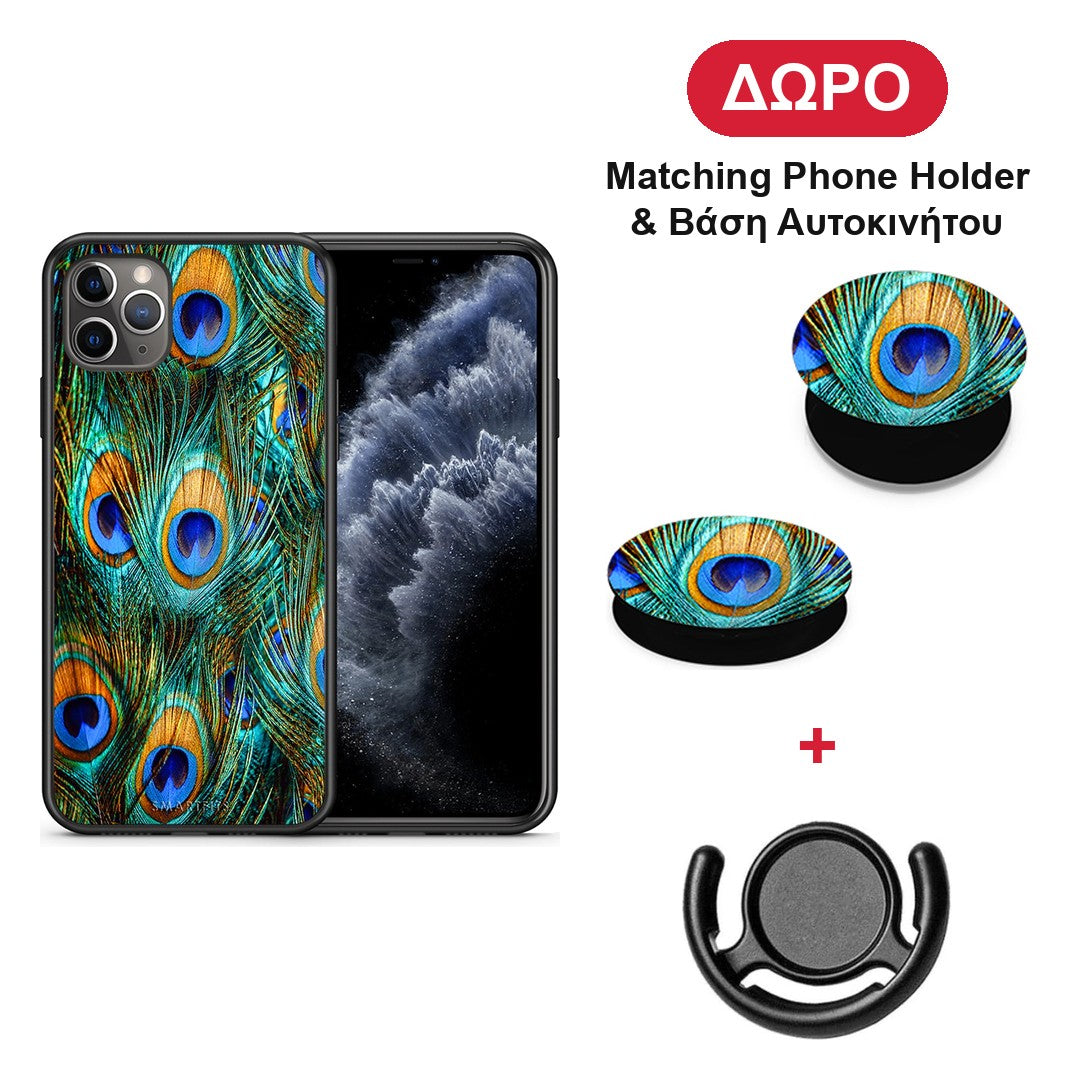 Real Peacock Feathers - iPhone 11 Pro Max θήκη + Δώρο Phone Holder & Βάση Αυτοκινήτου