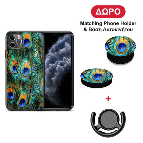 Real Peacock Feathers - iPhone 11 Pro Max θήκη + Δώρο Phone Holder & Βάση Αυτοκινήτου