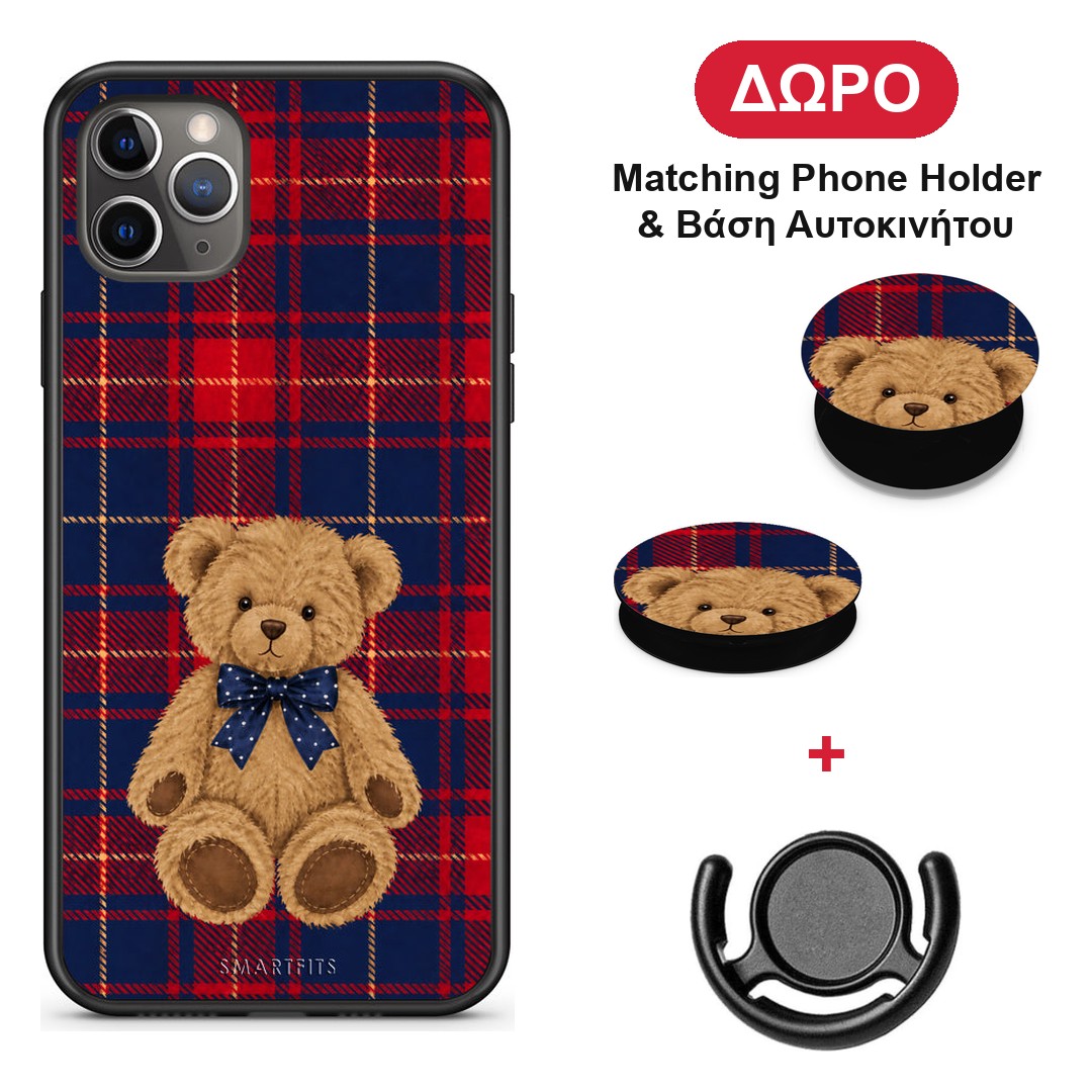 Teddy Bear on Red and Navy Tartan - iPhone 11 Pro Max θήκη + Δώρο Phone Holder & Βάση Αυτοκινήτου