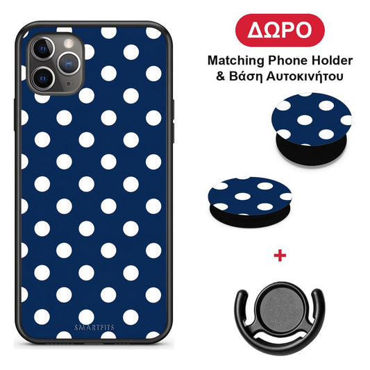 White Large Polka Dots on Navy - iPhone 11 Pro Max θήκη + Δώρο Phone Holder & Βάση Αυτοκινήτου