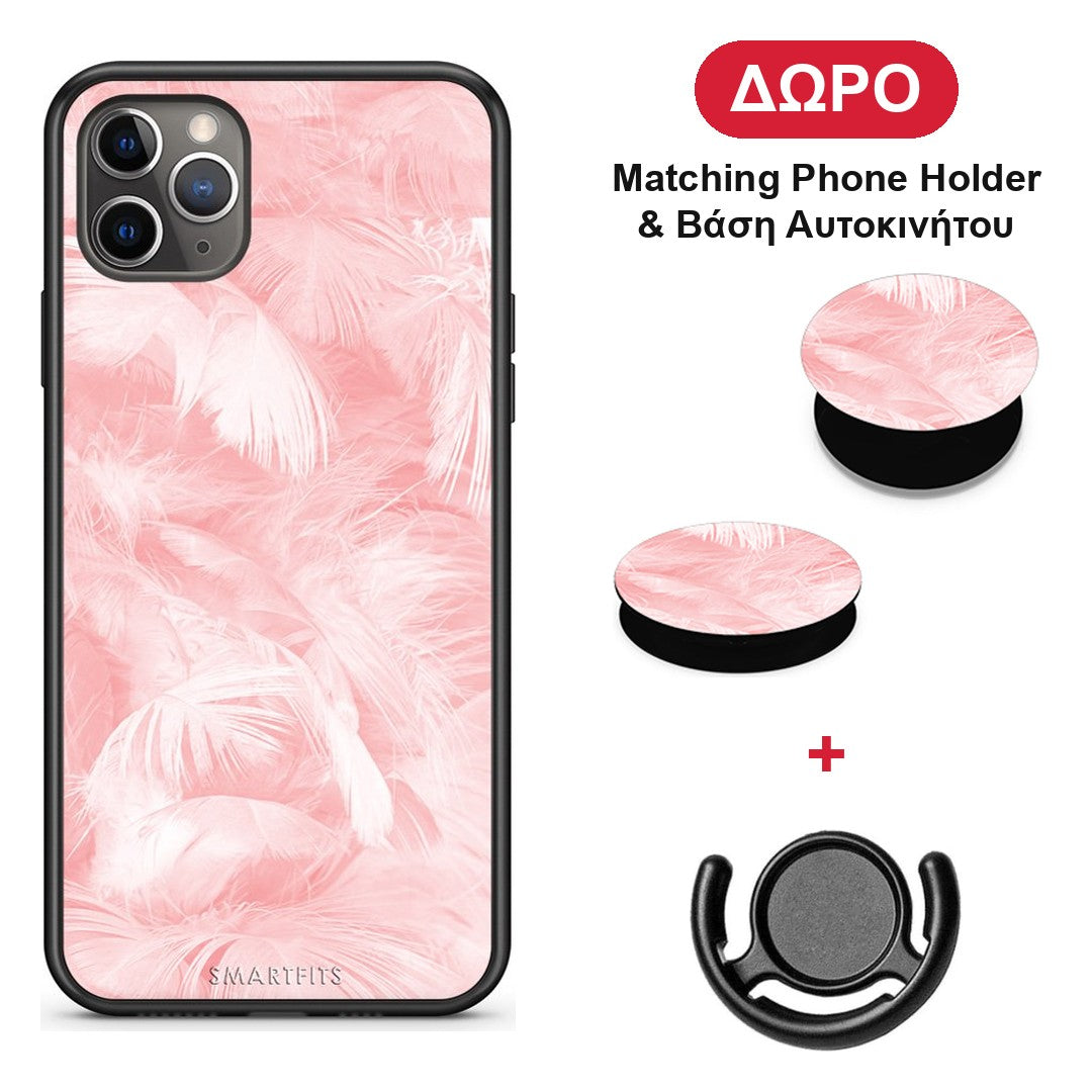 Boho Pink Feather - iPhone 11 Pro θήκη + Δώρο Phone Holder & Βάση Αυτοκινήτου