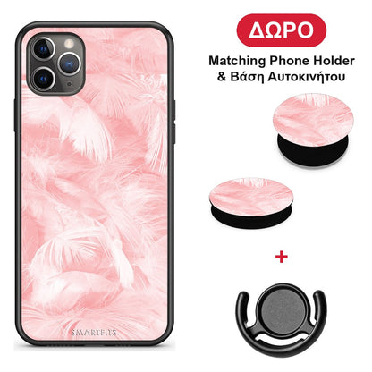 Boho Pink Feather - iPhone 11 Pro θήκη + Δώρο Phone Holder & Βάση Αυτοκινήτου
