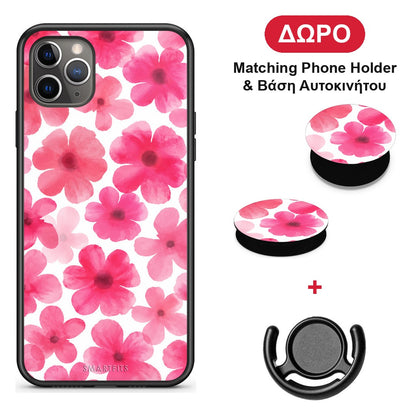 Pink Watercolour Flowers on White - iPhone 11 Pro θήκη + Δώρο Phone Holder & Βάση Αυτοκινήτου