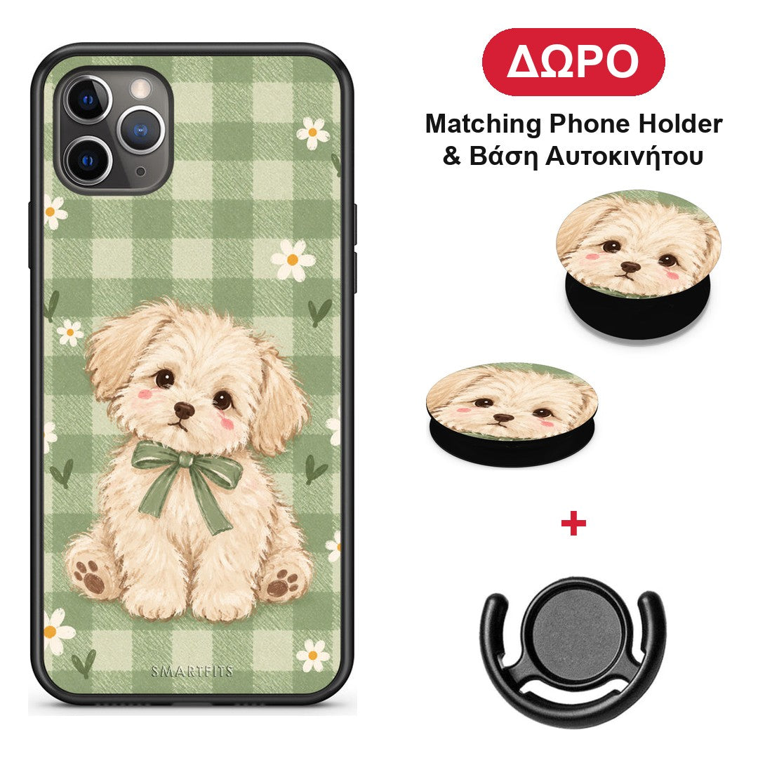 Puppy and Daisies on Sage Gingham - iPhone 11 Pro θήκη + Δώρο Phone Holder & Βάση Αυτοκινήτου