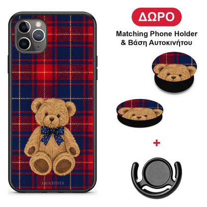 Teddy Bear on Red and Navy Tartan - iPhone 11 Pro θήκη + Δώρο Phone Holder & Βάση Αυτοκινήτου