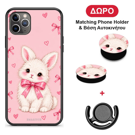 White Bunny and Pink Bows - iPhone 11 Pro θήκη + Δώρο Phone Holder & Βάση Αυτοκινήτου
