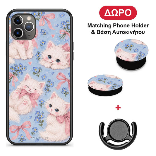 White Kittens and Blue Flowers Large - iPhone 11 Pro θήκη + Δώρο Phone Holder & Βάση Αυτοκινήτου