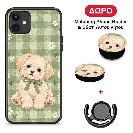 Puppy and Daisies on Sage Gingham - iPhone 11 θήκη + Δώρο Phone Holder & Βάση Αυτοκινήτου