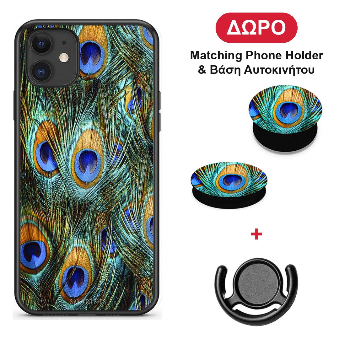 Real Peacock Feathers - iPhone 11 θήκη + Δώρο Phone Holder & Βάση Αυτοκινήτου