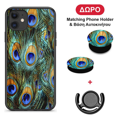 Real Peacock Feathers - iPhone 11 θήκη + Δώρο Phone Holder & Βάση Αυτοκινήτου