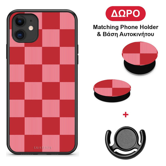 Red and Pink Striped Checks - iPhone 11 θήκη + Δώρο Phone Holder & Βάση Αυτοκινήτου