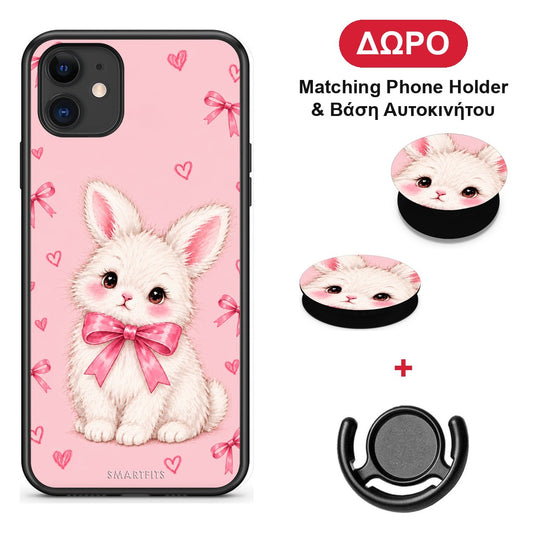 White Bunny and Pink Bows - iPhone 11 θήκη + Δώρο Phone Holder & Βάση Αυτοκινήτου