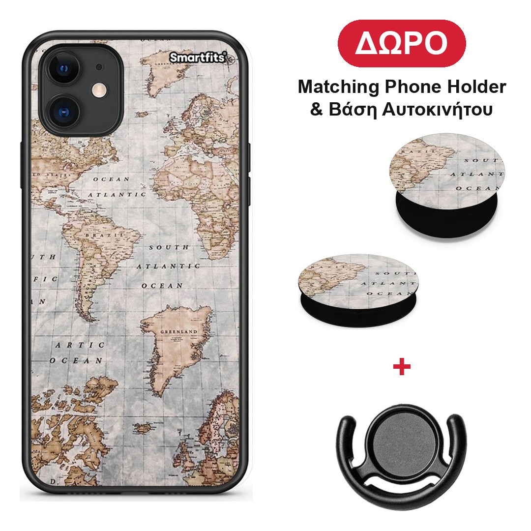 World Map - iPhone 11 θήκη + Δώρο Phone Holder & Βάση Αυτοκινήτου