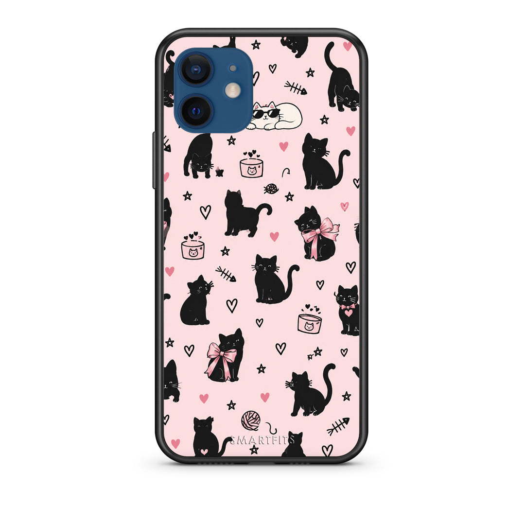 Θήκη iPhone 12 Black Cat Doodles on Pink από τη Smartfits με σχέδιο στο πίσω μέρος και μαύρο περίβλημα | iPhone 12 Black Cat Doodles on Pink case with colorful back and black bezels