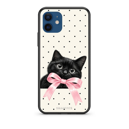 Θήκη iPhone 12 Black Kitten Pink Bow and Polka Dots από τη Smartfits με σχέδιο στο πίσω μέρος και μαύρο περίβλημα | iPhone 12 Black Kitten Pink Bow and Polka Dots case with colorful back and black bezels