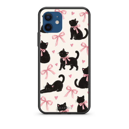 Θήκη iPhone 12 Black Kittens and Pink Bows on Cream Large από τη Smartfits με σχέδιο στο πίσω μέρος και μαύρο περίβλημα | iPhone 12 Black Kittens and Pink Bows on Cream Large case with colorful back and black bezels