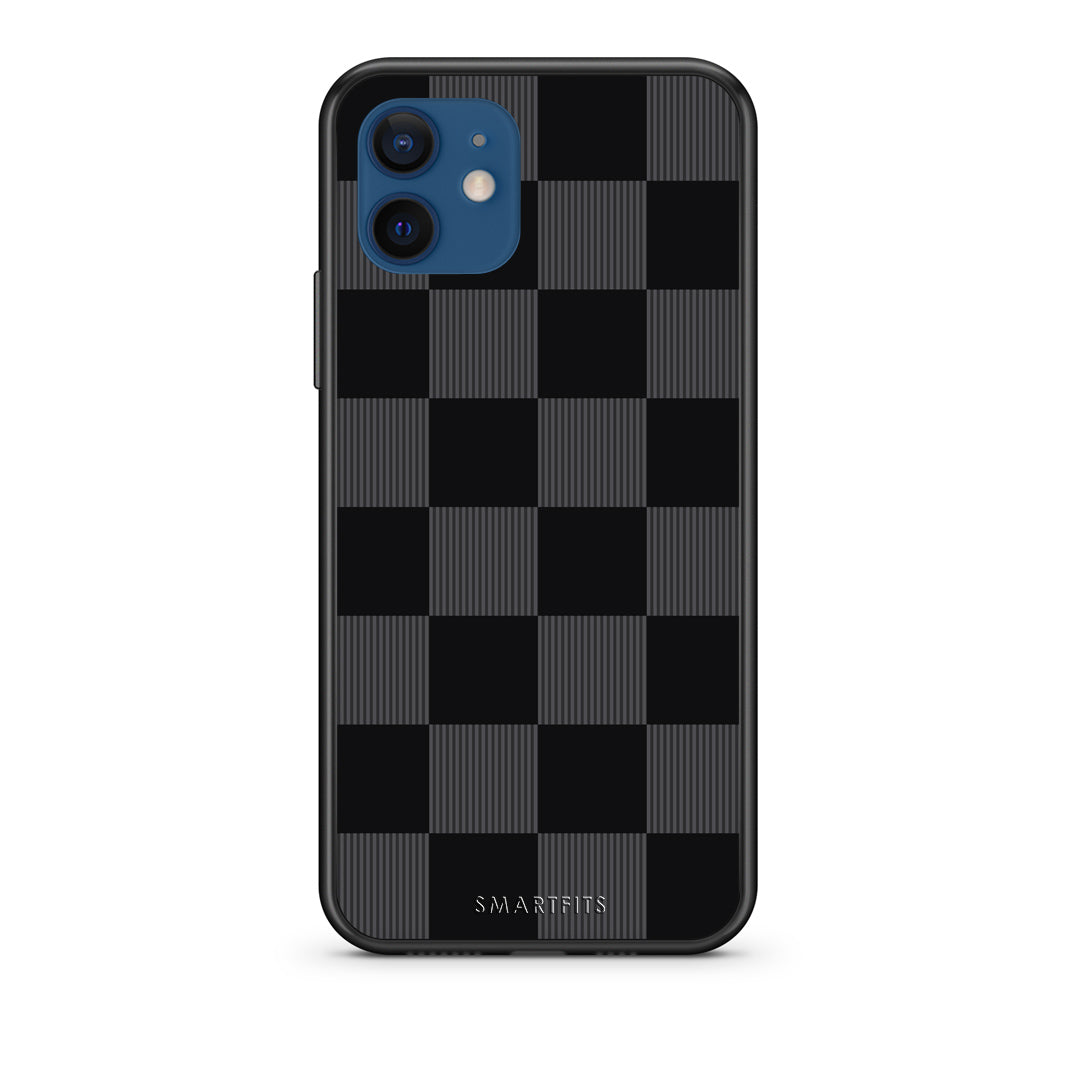 Θήκη iPhone 12 Black and Charcoal Striped Checks από τη Smartfits με σχέδιο στο πίσω μέρος και μαύρο περίβλημα | iPhone 12 Black and Charcoal Striped Checks case with colorful back and black bezels