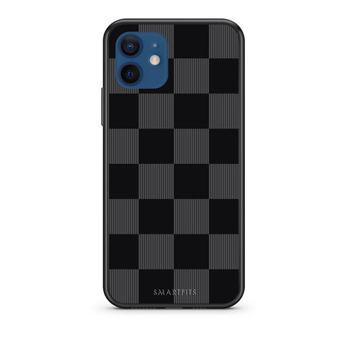 Θήκη iPhone 12 Black and Charcoal Striped Checks από τη Smartfits με σχέδιο στο πίσω μέρος και μαύρο περίβλημα | iPhone 12 Black and Charcoal Striped Checks case with colorful back and black bezels