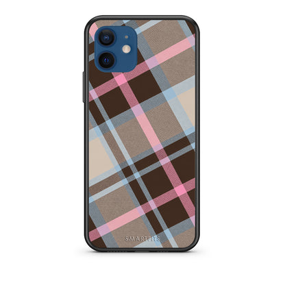 Θήκη iPhone 12 Brown Pink and Blue Diagonal Plaid από τη Smartfits με σχέδιο στο πίσω μέρος και μαύρο περίβλημα | iPhone 12 Brown Pink and Blue Diagonal Plaid case with colorful back and black bezels