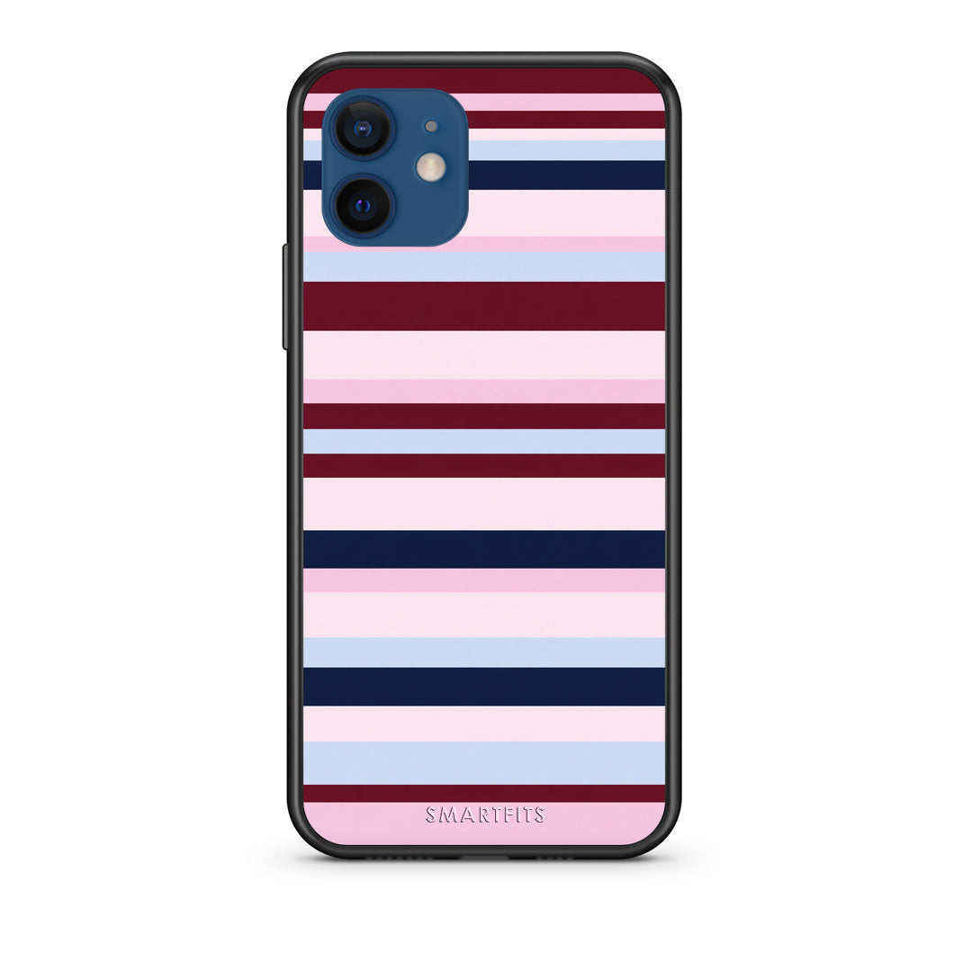Θήκη iPhone 12 Burgundy Pink and Blue Horizontal Stripes από τη Smartfits με σχέδιο στο πίσω μέρος και μαύρο περίβλημα | iPhone 12 Burgundy Pink and Blue Horizontal Stripes case with colorful back and black bezels