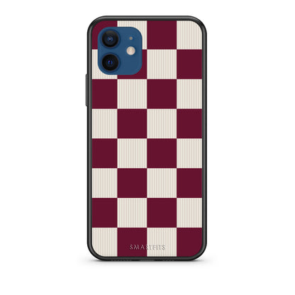 Θήκη iPhone 12 Burgundy and Cream Striped Checks από τη Smartfits με σχέδιο στο πίσω μέρος και μαύρο περίβλημα | iPhone 12 Burgundy and Cream Striped Checks case with colorful back and black bezels