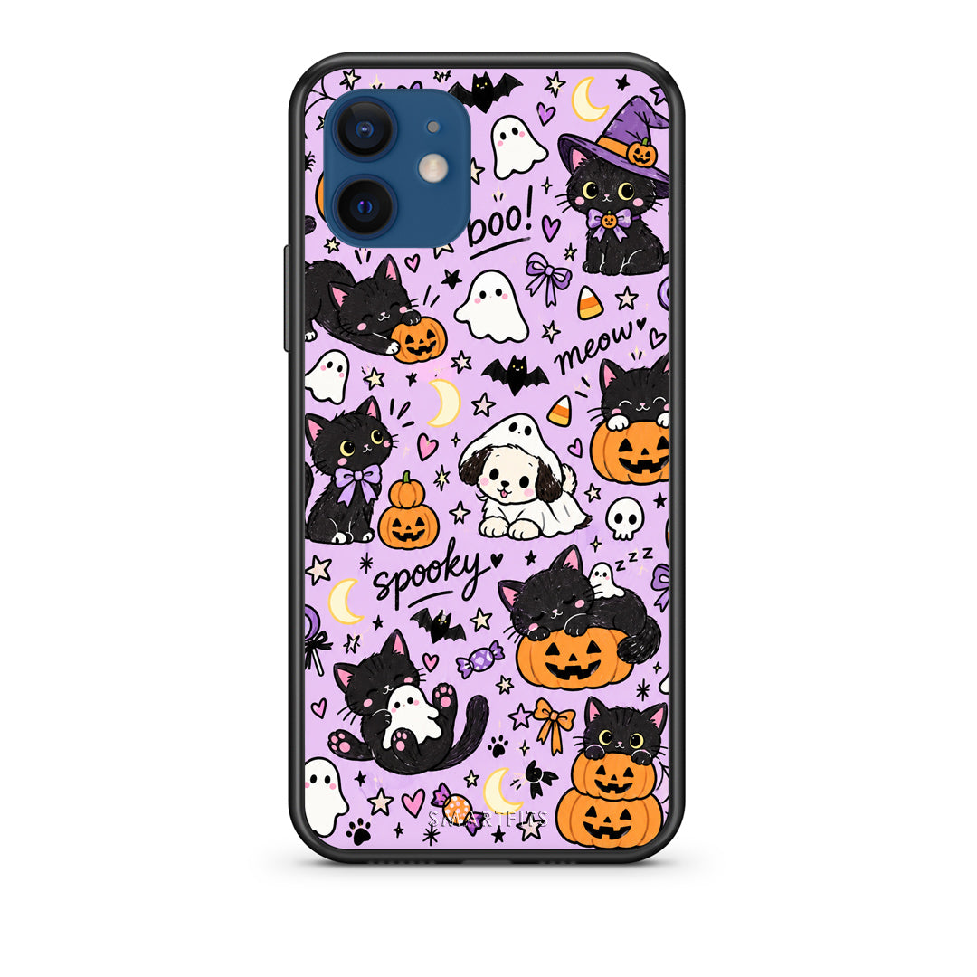 Θήκη iPhone 12 Halloween Black Cats on Lilac από τη Smartfits με σχέδιο στο πίσω μέρος και μαύρο περίβλημα | iPhone 12 Halloween Black Cats on Lilac case with colorful back and black bezels