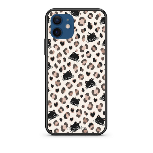 Θήκη iPhone 12 Leopard Spots and Black Cats on Cream από τη Smartfits με σχέδιο στο πίσω μέρος και μαύρο περίβλημα | iPhone 12 Leopard Spots and Black Cats on Cream case with colorful back and black bezels