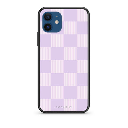 Θήκη iPhone 12 Lilac and Cream Striped Checks από τη Smartfits με σχέδιο στο πίσω μέρος και μαύρο περίβλημα | iPhone 12 Lilac and Cream Striped Checks case with colorful back and black bezels