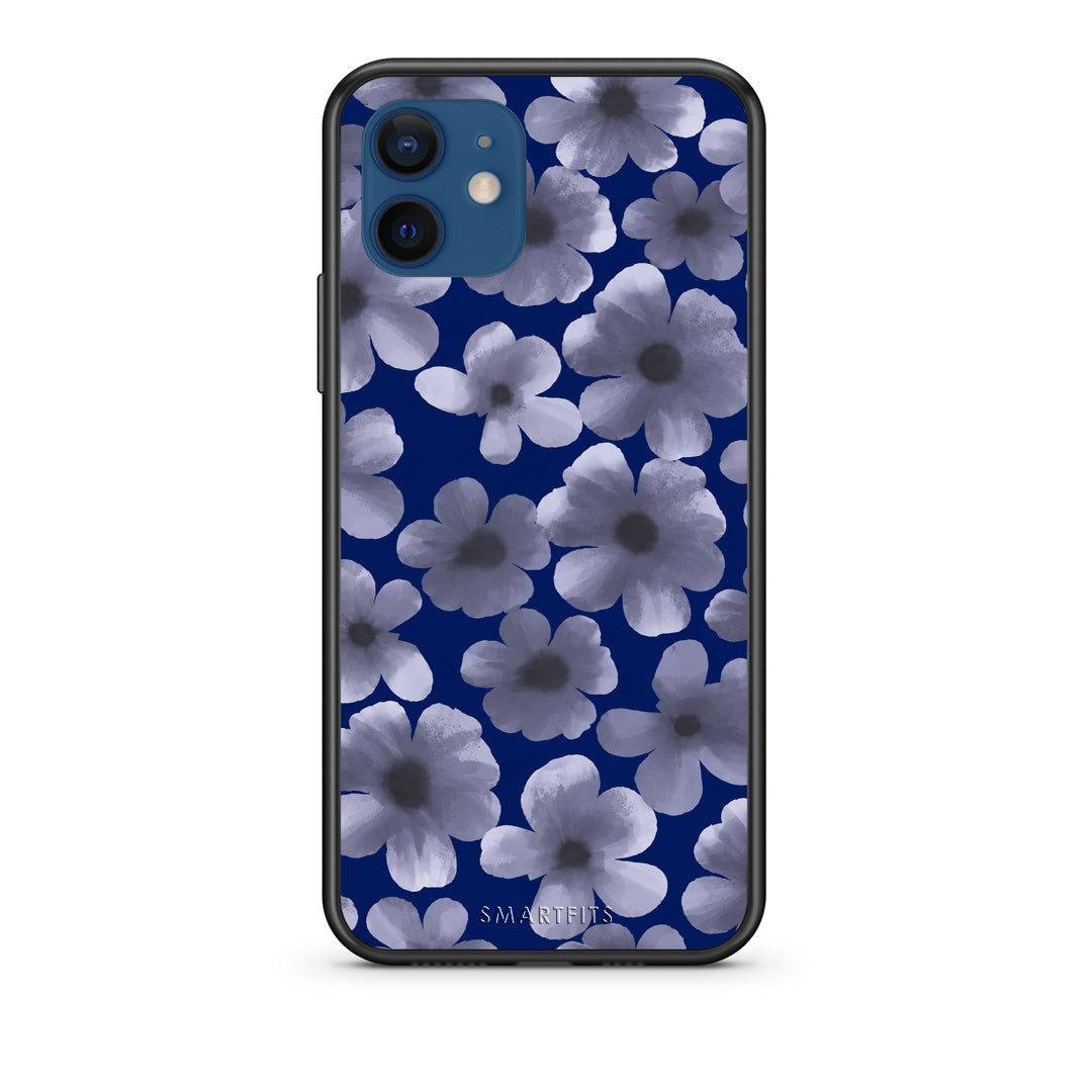 Θήκη iPhone 12 Pale Blue Flowers on Navy από τη Smartfits με σχέδιο στο πίσω μέρος και μαύρο περίβλημα | iPhone 12 Pale Blue Flowers on Navy case with colorful back and black bezels