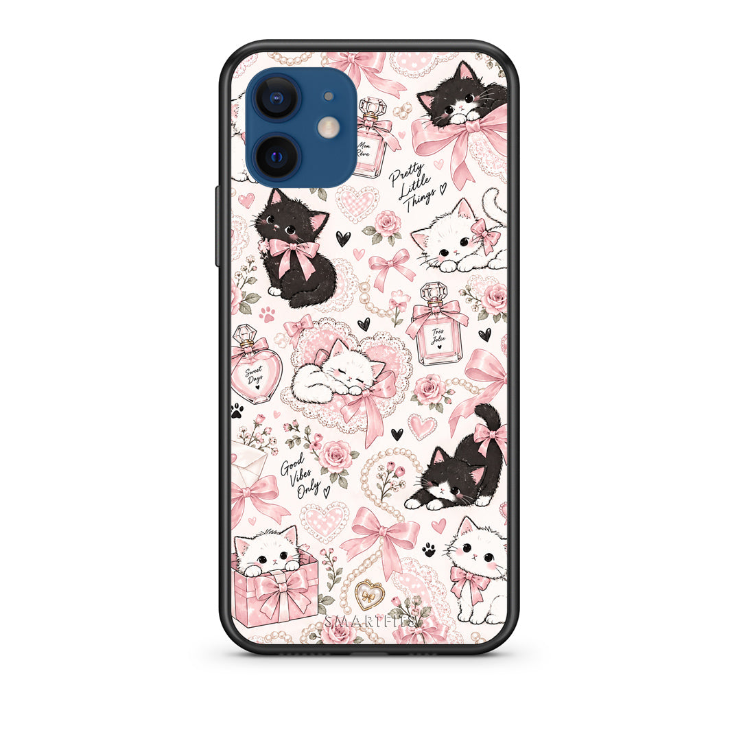 Θήκη iPhone 12 Pink Bows and Kittens Collage από τη Smartfits με σχέδιο στο πίσω μέρος και μαύρο περίβλημα | iPhone 12 Pink Bows and Kittens Collage case with colorful back and black bezels