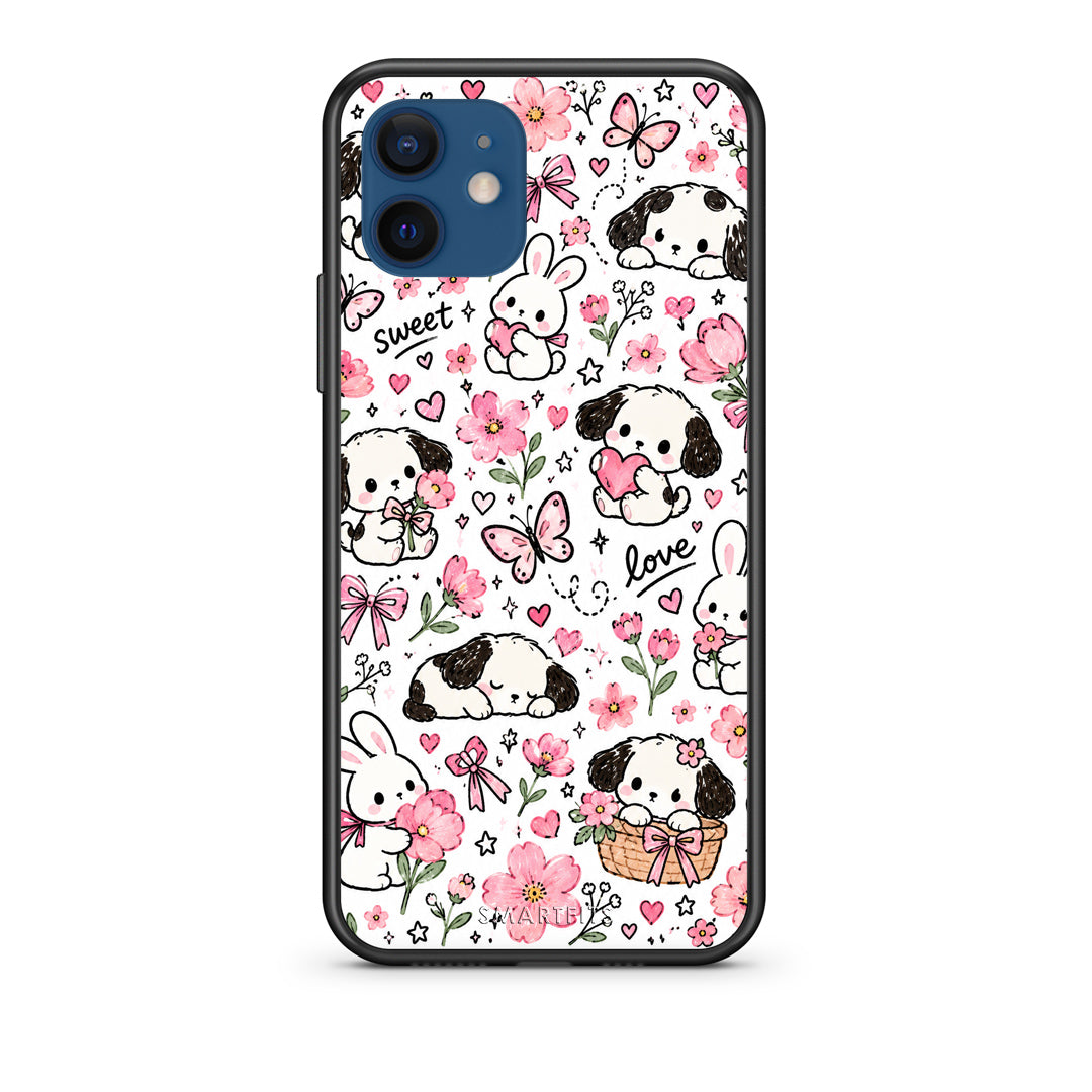 Θήκη iPhone 12 Pink Florals Puppies and Bunnies on White από τη Smartfits με σχέδιο στο πίσω μέρος και μαύρο περίβλημα | iPhone 12 Pink Florals Puppies and Bunnies on White case with colorful back and black bezels