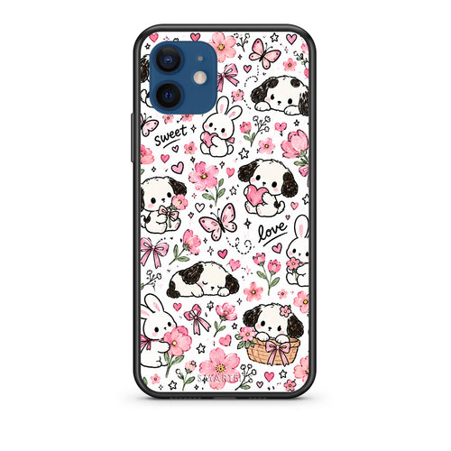 Θήκη iPhone 12 Pink Florals Puppies and Bunnies on White από τη Smartfits με σχέδιο στο πίσω μέρος και μαύρο περίβλημα | iPhone 12 Pink Florals Puppies and Bunnies on White case with colorful back and black bezels