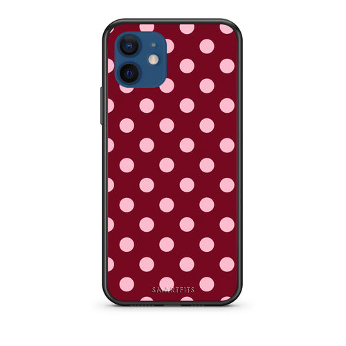 Θήκη iPhone 12 Pink Polka Dots on Burgundy από τη Smartfits με σχέδιο στο πίσω μέρος και μαύρο περίβλημα | iPhone 12 Pink Polka Dots on Burgundy case with colorful back and black bezels