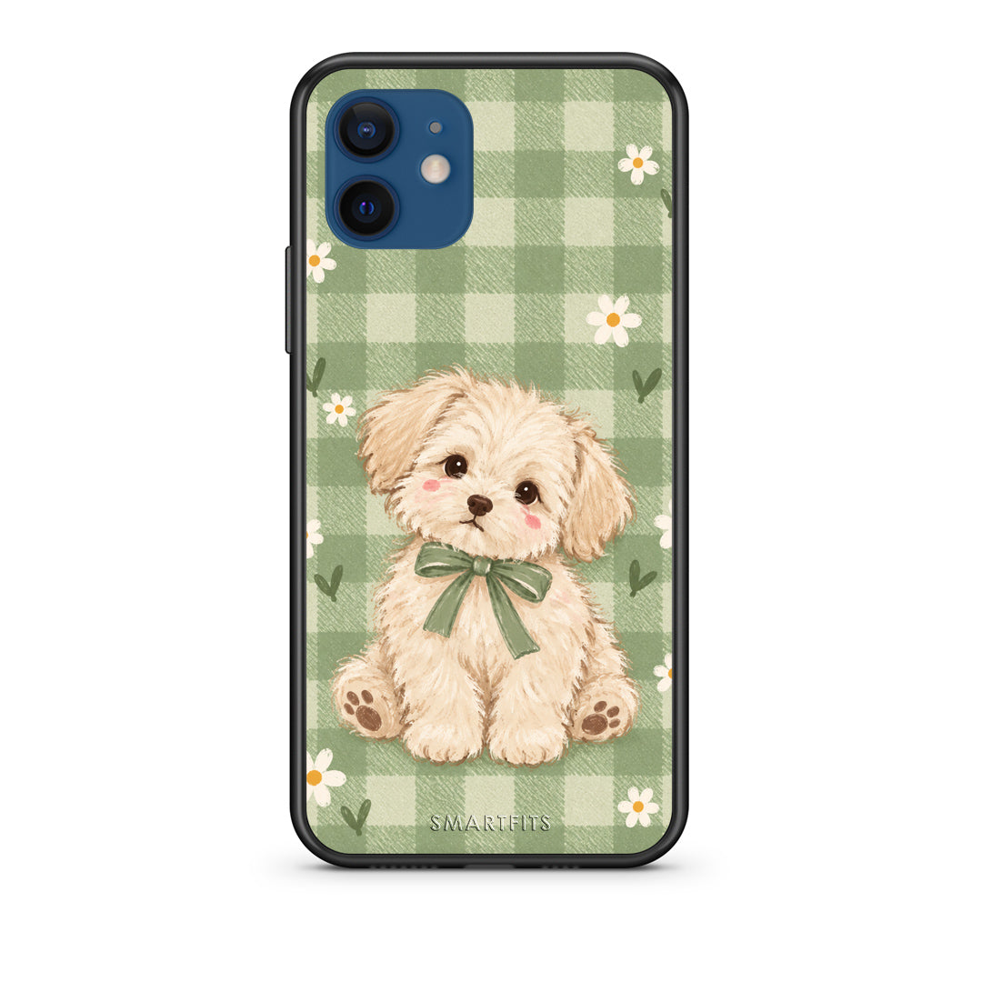 Θήκη iPhone 12 Puppy and Daisies on Sage Gingham από τη Smartfits με σχέδιο στο πίσω μέρος και μαύρο περίβλημα | iPhone 12 Puppy and Daisies on Sage Gingham case with colorful back and black bezels