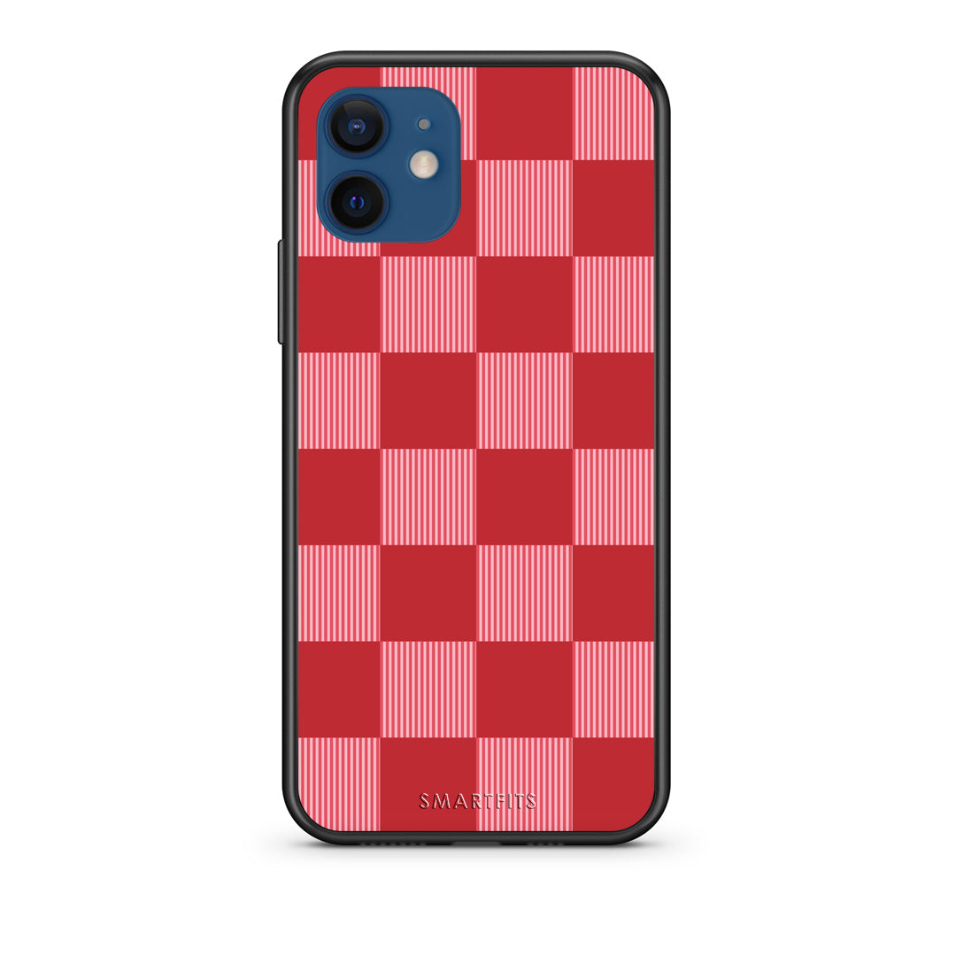 Θήκη iPhone 12 Red and Pink Striped Checks από τη Smartfits με σχέδιο στο πίσω μέρος και μαύρο περίβλημα | iPhone 12 Red and Pink Striped Checks case with colorful back and black bezels