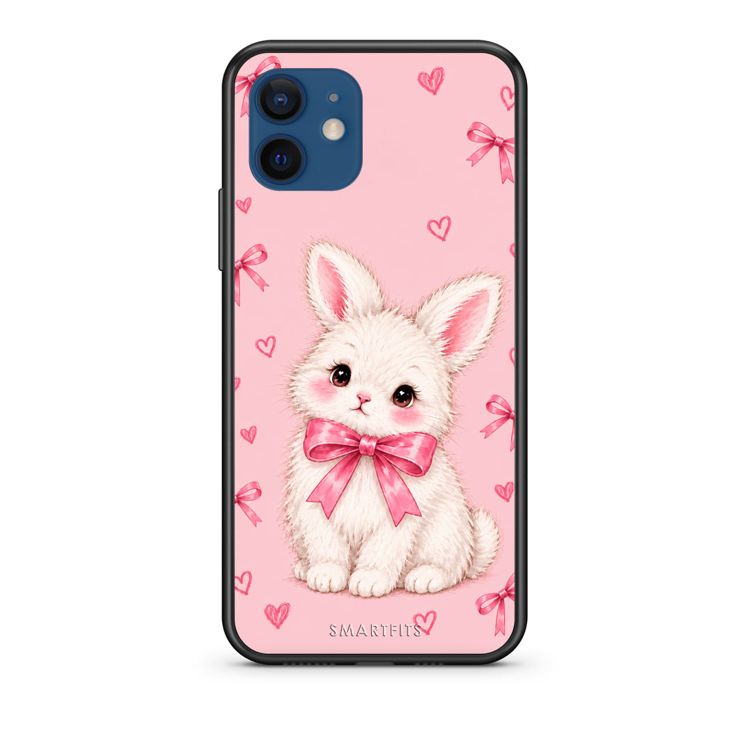 Θήκη iPhone 12 White Bunny and Pink Bows από τη Smartfits με σχέδιο στο πίσω μέρος και μαύρο περίβλημα | iPhone 12 White Bunny and Pink Bows case with colorful back and black bezels