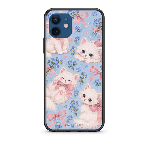 Θήκη iPhone 12 White Kittens and Blue Flowers Large από τη Smartfits με σχέδιο στο πίσω μέρος και μαύρο περίβλημα | iPhone 12 White Kittens and Blue Flowers Large case with colorful back and black bezels