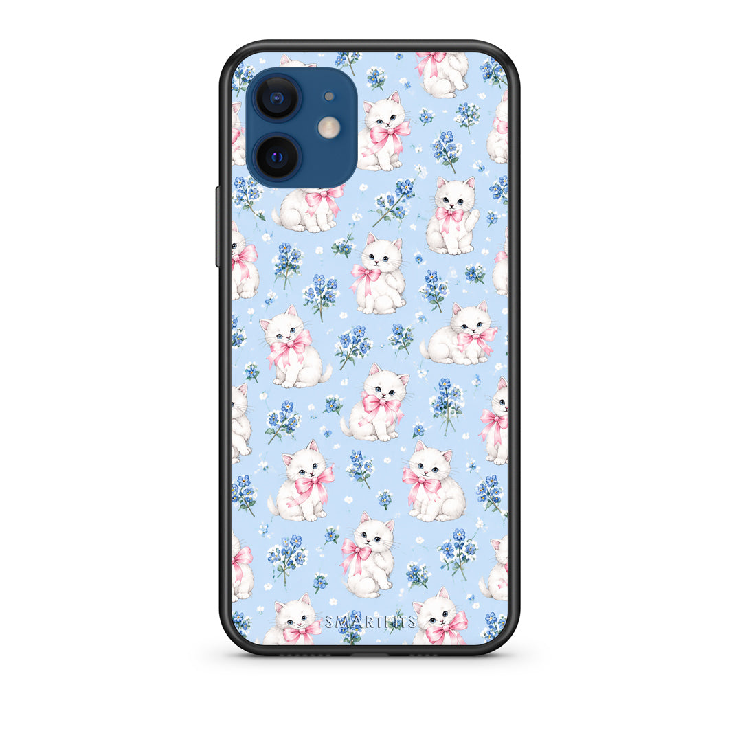 Θήκη iPhone 12 White Kittens and Blue Flowers Small από τη Smartfits με σχέδιο στο πίσω μέρος και μαύρο περίβλημα | iPhone 12 White Kittens and Blue Flowers Small case with colorful back and black bezels