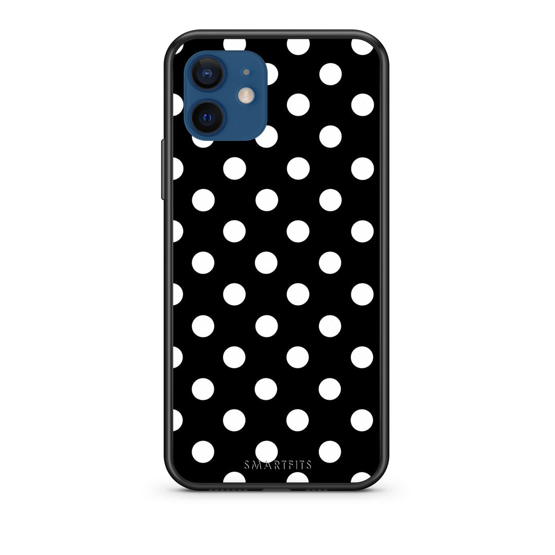 Θήκη iPhone 12 White Polka Dots on Black από τη Smartfits με σχέδιο στο πίσω μέρος και μαύρο περίβλημα | iPhone 12 White Polka Dots on Black case with colorful back and black bezels