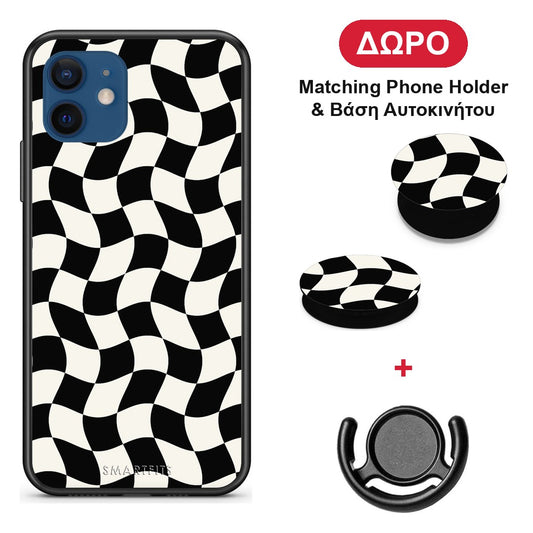 Black and Cream Wavy Checkerboard - iPhone 12 θήκη + Δώρο Phone Holder & Βάση Αυτοκινήτου