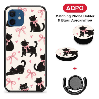 Black Kittens and Pink Bows on Cream Large - iPhone 12 θήκη + Δώρο Phone Holder & Βάση Αυτοκινήτου