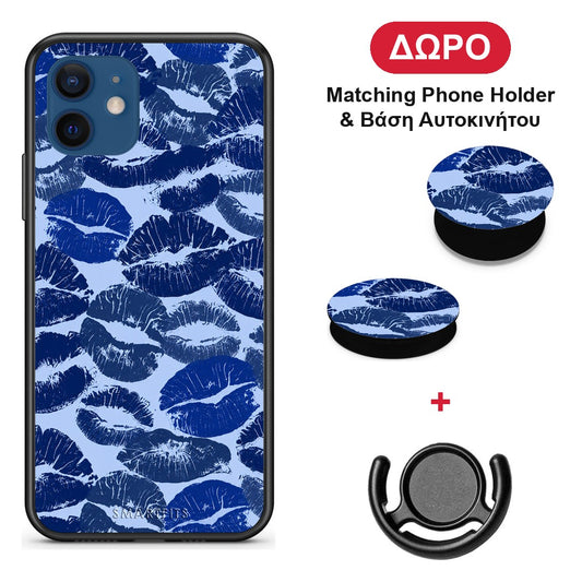 Blue Lipstick Kisses - iPhone 12 θήκη + Δώρο Phone Holder & Βάση Αυτοκινήτου