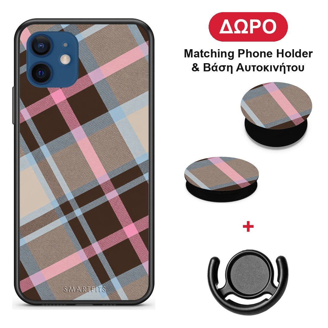 Brown Pink and Blue Diagonal Plaid - iPhone 12 θήκη + Δώρο Phone Holder & Βάση Αυτοκινήτου