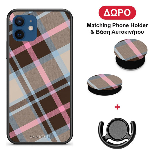Brown Pink and Blue Diagonal Plaid - iPhone 12 θήκη + Δώρο Phone Holder & Βάση Αυτοκινήτου