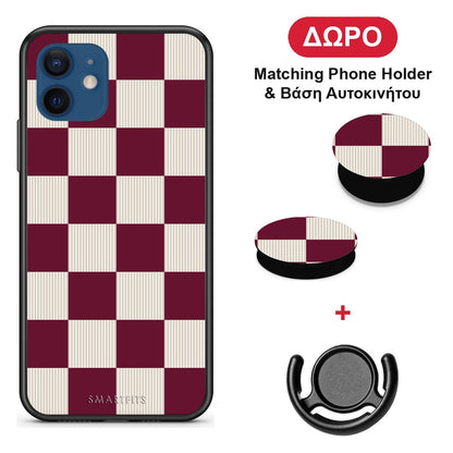 Burgundy and Cream Striped Checks - iPhone 12 θήκη + Δώρο Phone Holder & Βάση Αυτοκινήτου
