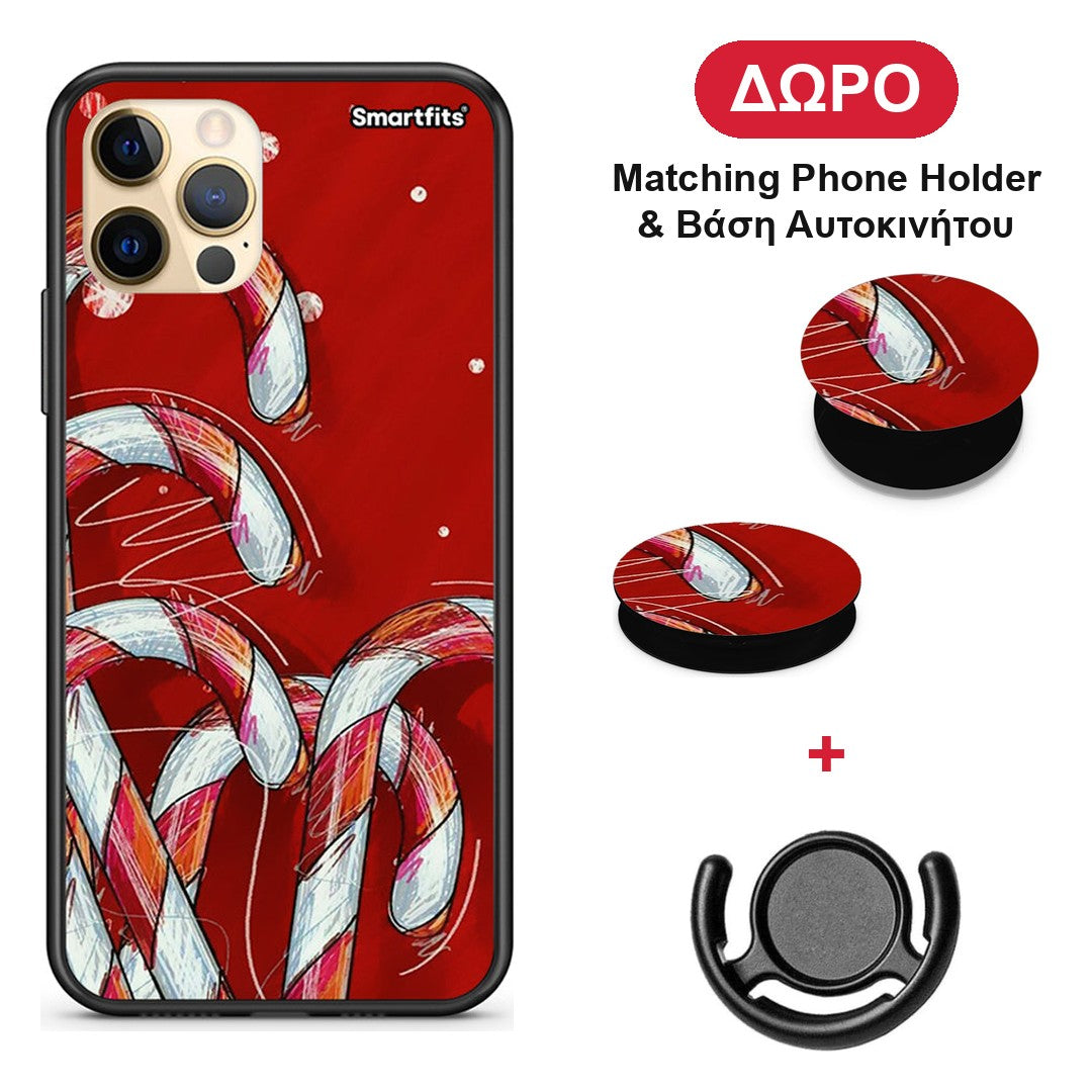 Candy Cane - iPhone 12 θήκη + Δώρο Phone Holder & Βάση Αυτοκινήτου